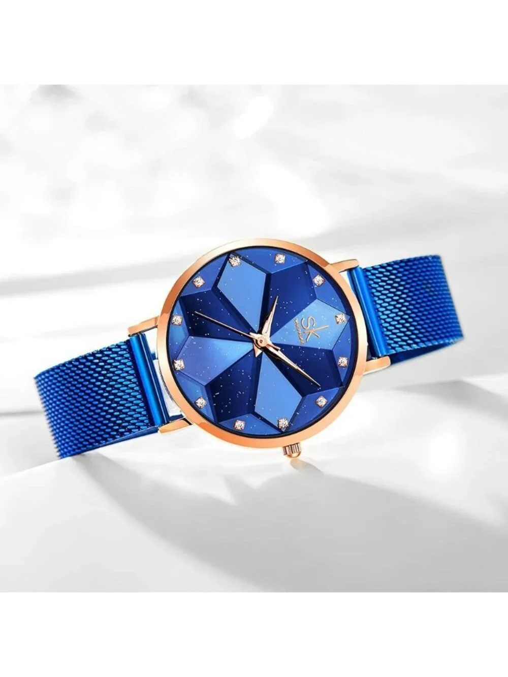 Women's Blue Minimalist Creative Starry Sky Stainless Steel Mesh Band Wristwatch